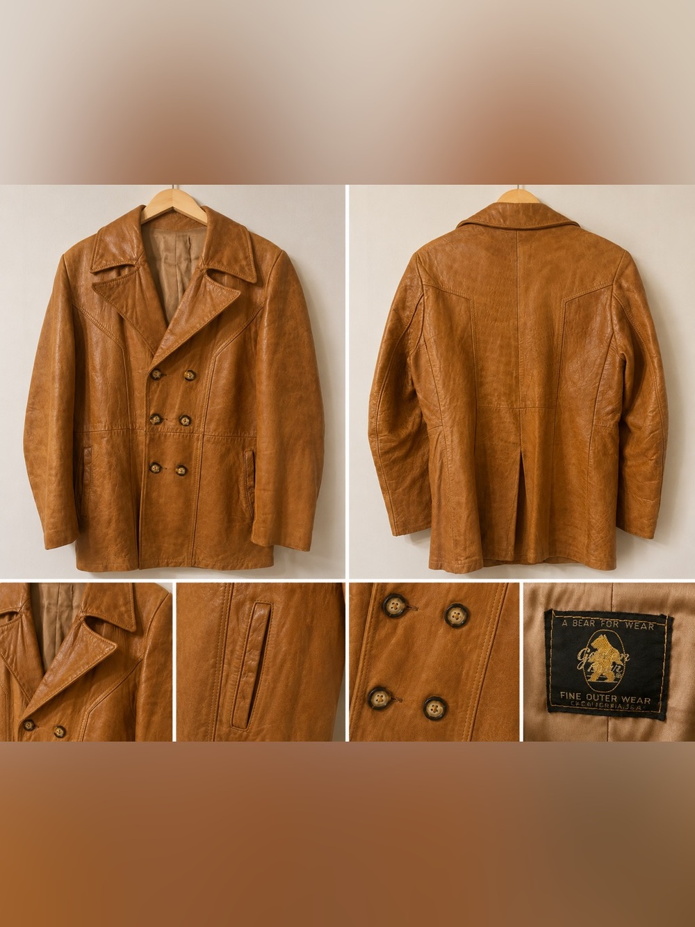 unisex Tan Leather Double-Breasted Pea Coat - Timeless Outerwear